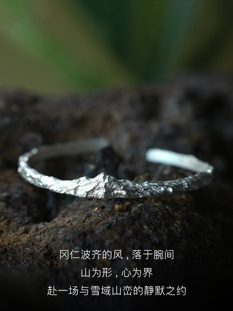 Original Design Gangren Snow Mountain 999 Fine Silver Open Bangle, Handmade Slim Unisex Bracelet, Gift Boxed