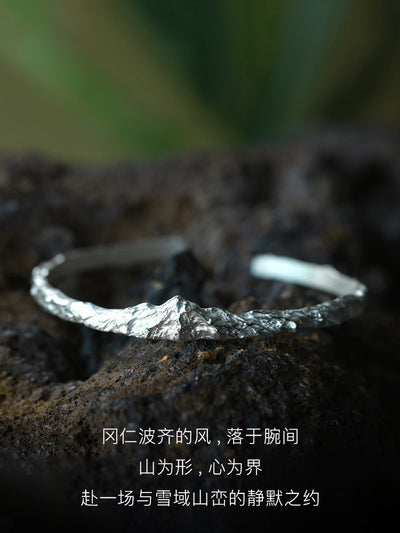 Original Design Gangren Snow Mountain 999 Fine Silver Open Bangle, Handmade Slim Unisex Bracelet, Gift Boxed