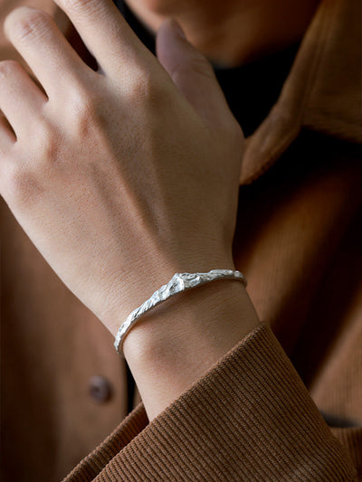 Original Design Gangren Snow Mountain 999 Fine Silver Open Bangle, Handmade Slim Unisex Bracelet, Gift Boxed