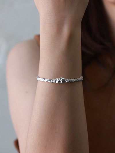 Original Design Gangren Snow Mountain 999 Fine Silver Open Bangle, Handmade Slim Unisex Bracelet, Gift Boxed