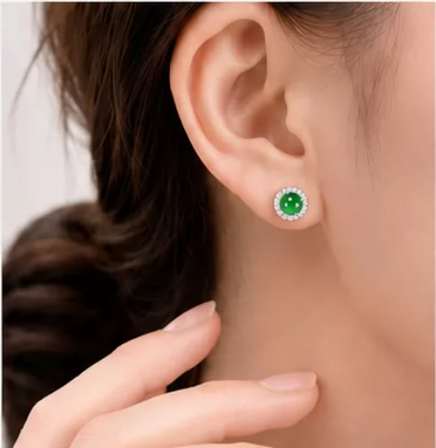 Women's S925 Sterling Silver Stud Earrings with Natural Jadeite
