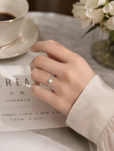 Women's Natural Moonstone Ring, S925 Sterling Silver, Openwork Design