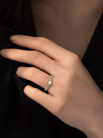 Women's Natural Moonstone Ring, S925 Sterling Silver, Openwork Design