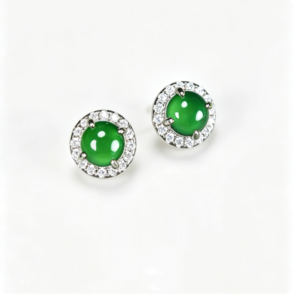 Women's S925 Sterling Silver Stud Earrings with Natural Jadeite