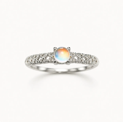 Women's Natural Moonstone Ring, S925 Sterling Silver, Openwork Design
